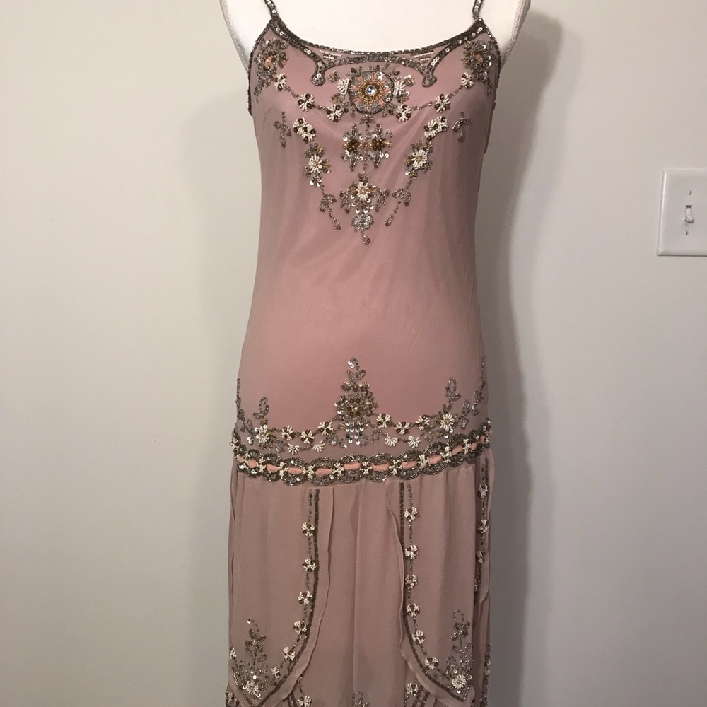 Sue Wong Size 14 Pink Silk Hand-Beaded Dress/Shawl